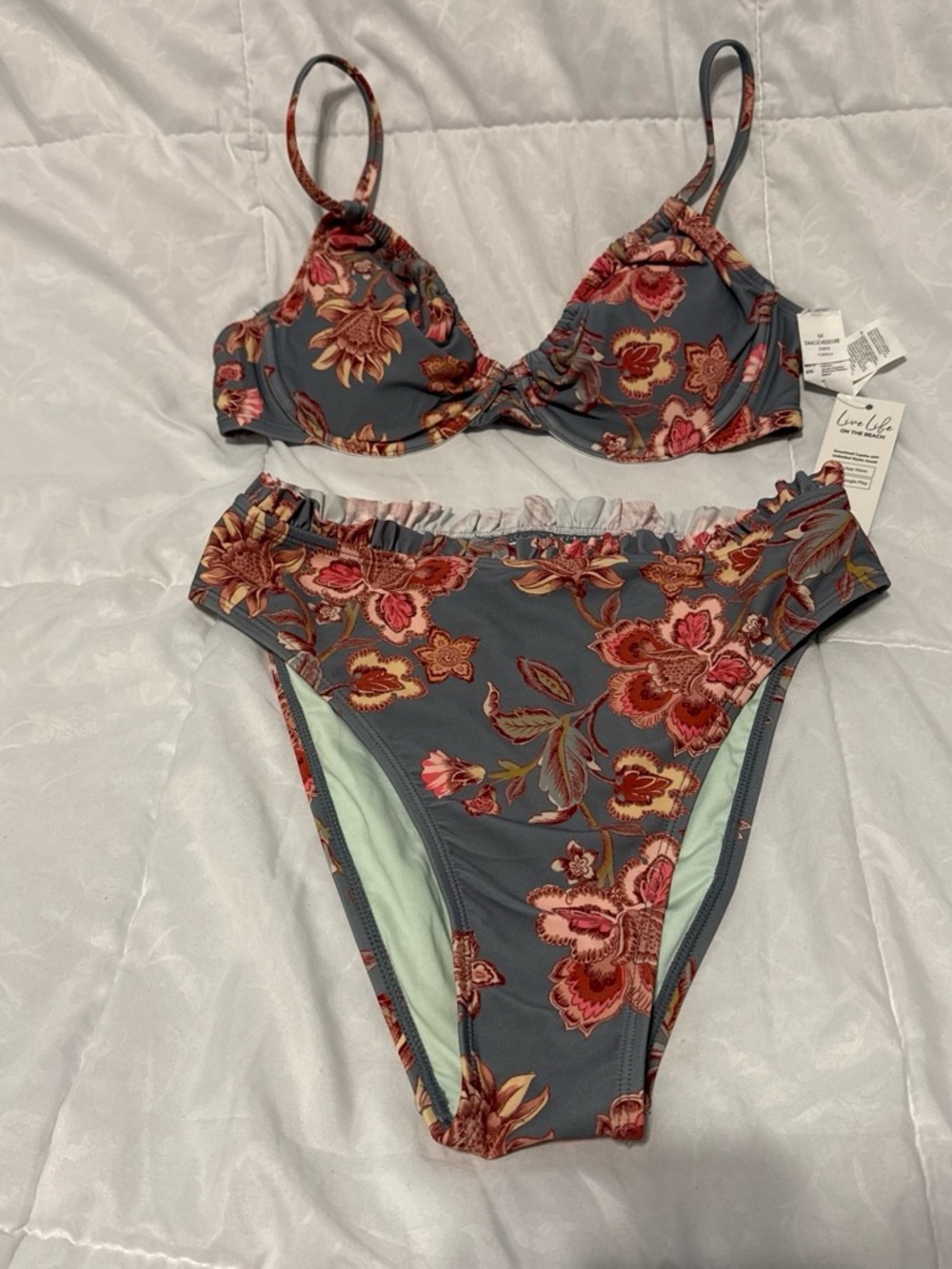 Floral Two-Piece Bikini Set in Slate Gray and Rose